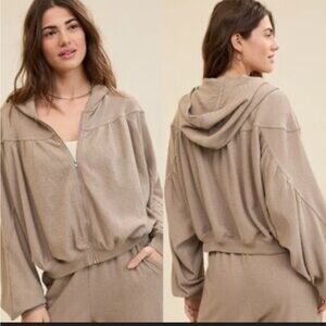 AERIE Soft Life Full Zip Hooded Sweatshirt Beige Oversized Boho Flowy